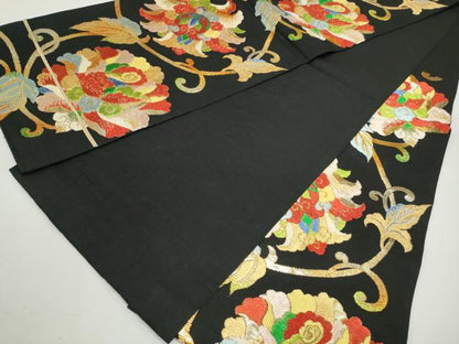 平和屋着物◎六通柄　本袋帯　唐織　名物唐花文　黒地　金銀糸　正絹　逸品　DABF8076we