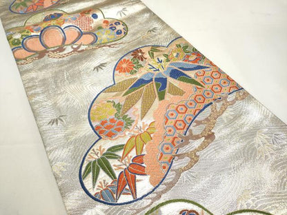 平和屋着物◎佐賀錦　両面　六通柄袋帯　唐織　花松文　金銀糸　正絹　逸品　DABF8084we