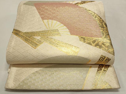 平和屋着物◎本綾佐賀錦 伝統工芸品産業功労者 岡野武一郎 六通柄袋帯 舞扇文 金糸 正絹 逸品 DABF8103we