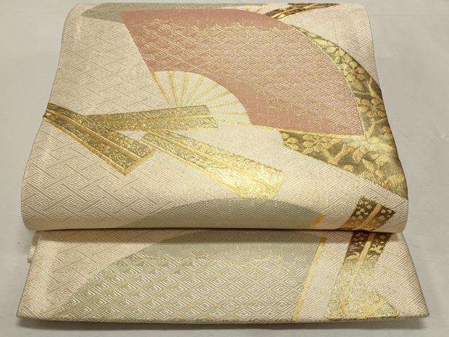 平和屋着物◎本綾佐賀錦 伝統工芸品産業功労者 岡野武一郎 六通柄袋帯 舞扇文 金糸 正絹 逸品 DABF8103we