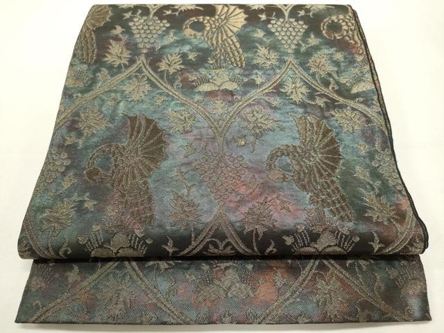 平和屋着物◎全通柄 本袋帯 葡萄蔦の葉 花鳥文 金糸 引箔 正絹 逸品 DABF8112we