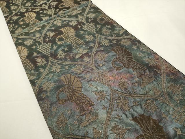 平和屋着物◎全通柄 本袋帯 葡萄蔦の葉 花鳥文 金糸 引箔 正絹 逸品 DABF8112we