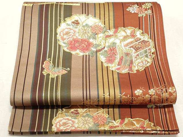 平和屋着物◎六通柄袋帯 唐織 雪輪御所車花鳥文 金糸 正絹 逸品 DABF8114we