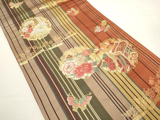 平和屋着物◎六通柄袋帯 唐織 雪輪御所車花鳥文 金糸 正絹 逸品 DABF8114we