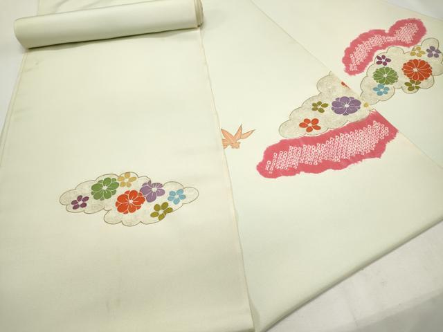 平和屋着物▼付下げ　反物　着尺　駒刺繍　絞り　雲取り草花文　暈し染め　金彩　逸品　未使用　DABF8158we