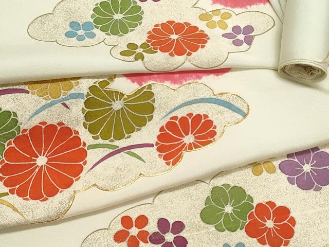 平和屋着物▼付下げ　反物　着尺　駒刺繍　絞り　雲取り草花文　暈し染め　金彩　逸品　未使用　DABF8158we