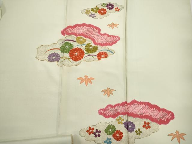 平和屋着物▼付下げ　反物　着尺　駒刺繍　絞り　雲取り草花文　暈し染め　金彩　逸品　未使用　DABF8158we