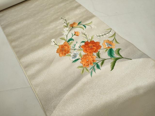 平和屋着物▼名古屋帯　帯反物　刺繍　草花文　金銀糸　逸品　未使用　DABF8188we