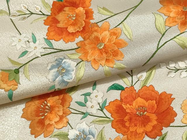 平和屋着物▼名古屋帯　帯反物　刺繍　草花文　金銀糸　逸品　未使用　DABF8188we