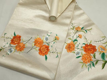 平和屋着物▼名古屋帯　帯反物　刺繍　草花文　金銀糸　逸品　未使用　DABF8188we