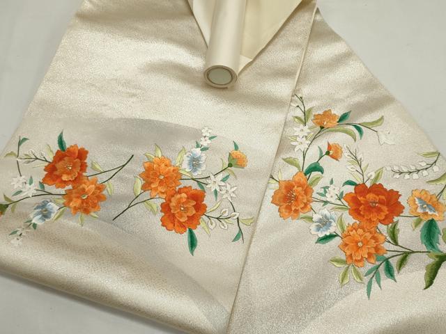 平和屋着物▼名古屋帯　帯反物　刺繍　草花文　金銀糸　逸品　未使用　DABF8188we