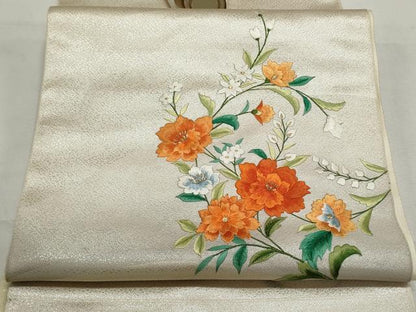 平和屋着物▼名古屋帯　帯反物　刺繍　草花文　金銀糸　逸品　未使用　DABF8188we