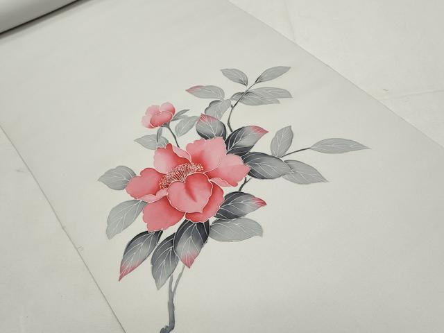 平和屋着物●塩瀬　名古屋帯　帯反物　手描き　草花文　逸品　未使用　DABF8189we
