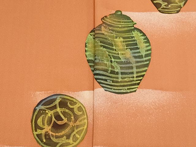 平和屋着物▼付下げ　反物　着尺　ろうけつ染め　陶器花文　金彩　逸品　未使用　DABF8218we