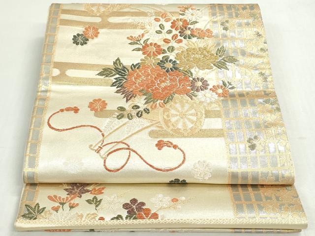 平和屋着物◎西陣　六通柄袋帯　唐織　エ霞花車文　金銀糸　正絹　逸品　未使用　DABF8296we