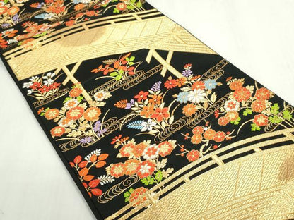 平和屋着物◎六通柄袋帯　渡橋流水花文　黒地　金糸　正絹　逸品　DABF8298we