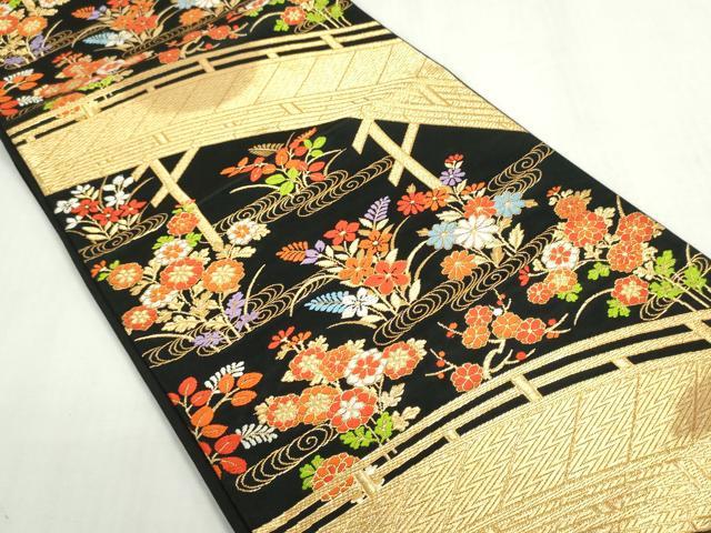 平和屋着物◎六通柄袋帯　渡橋流水花文　黒地　金糸　正絹　逸品　DABF8298we