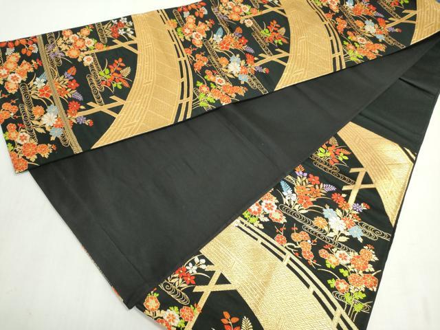 平和屋着物◎六通柄袋帯　渡橋流水花文　黒地　金糸　正絹　逸品　DABF8298we