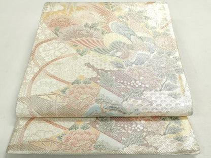 平和屋着物◎佐賀錦　六通柄袋帯　絵巻御所車花鳥文　金銀糸　正絹　逸品　未使用　DABF8316we