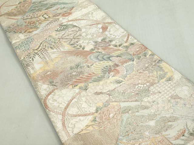 平和屋着物◎佐賀錦　六通柄袋帯　絵巻御所車花鳥文　金銀糸　正絹　逸品　未使用　DABF8316we