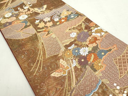 平和屋着物◎六通柄袋帯　唐織　几帳花蝶文　金糸　引箔　正絹　逸品　DABF8329we