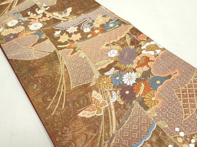平和屋着物◎六通柄袋帯　唐織　几帳花蝶文　金糸　引箔　正絹　逸品　DABF8329we
