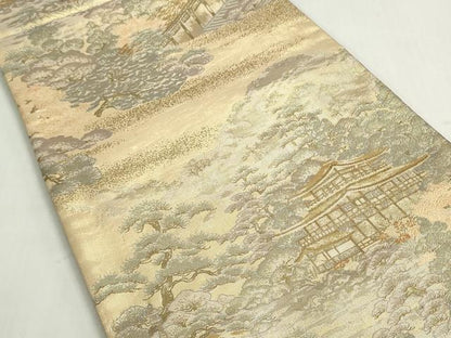 平和屋着物◎佐賀錦　六通柄袋帯　風景花松文　金糸　プラチナ箔　正絹　逸品　DABF8350we