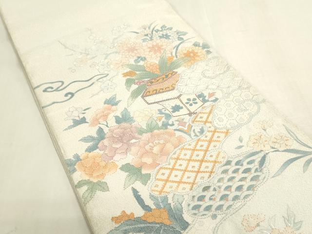 平和屋着物◎綴れ　中国三大刺繍　相良刺繍　太鼓柄袋帯　吉祥飾花文　正絹　逸品　DABF8356we