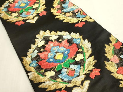平和屋着物◎六通柄袋帯　更紗花文　黒地　金糸　正絹　逸品　DABF8361we