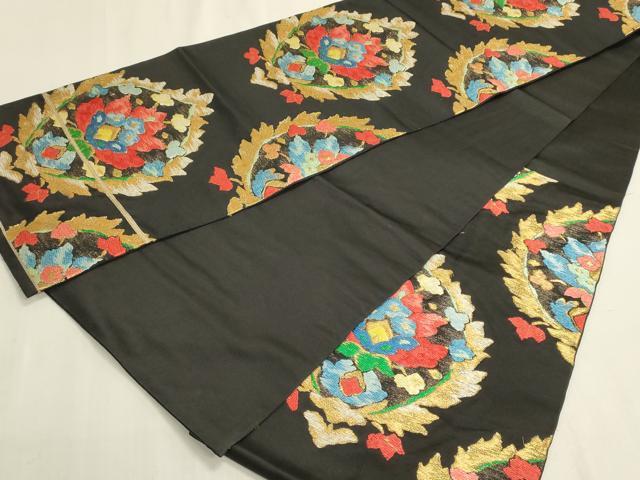 平和屋着物◎六通柄袋帯　更紗花文　黒地　金糸　正絹　逸品　DABF8361we