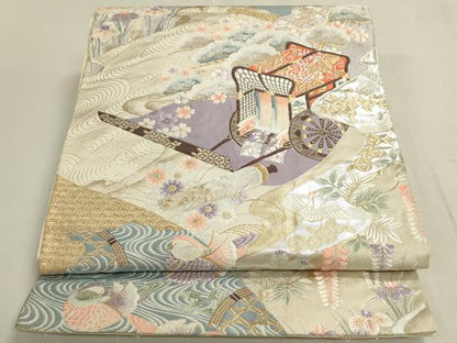 平和屋着物◎六通柄袋帯　唐織　九百錦　絵巻　御所車花鳥文　金銀糸　正絹　逸品　DABF8368we