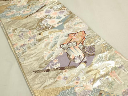 平和屋着物◎六通柄袋帯　唐織　九百錦　絵巻　御所車花鳥文　金銀糸　正絹　逸品　DABF8368we