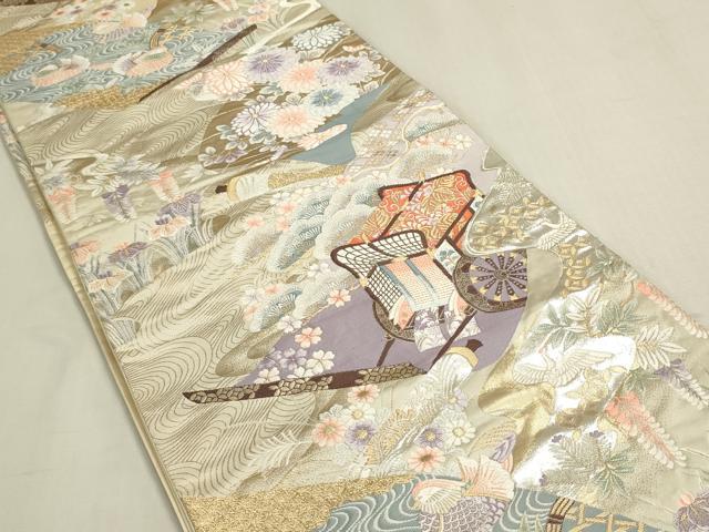 平和屋着物◎六通柄袋帯　唐織　九百錦　絵巻　御所車花鳥文　金銀糸　正絹　逸品　DABF8368we