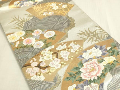 平和屋着物◎六通柄袋帯　唐織　流水地紙花文　金銀糸　正絹　逸品　DABF8421we