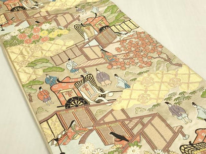 平和屋着物◎六通柄袋帯　寿光織　人物風景花松文　金糸　正絹　逸品　DABF8431we