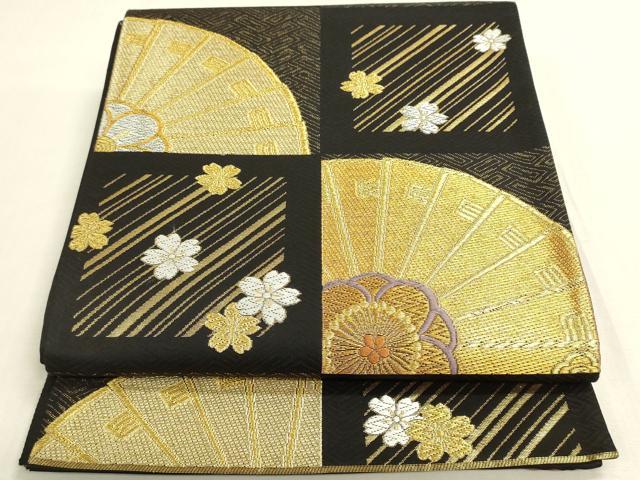 平和屋着物◎六通柄袋帯　市松檜扇花文　黒地　金銀糸　正絹　逸品　DABF8441we