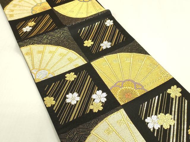 平和屋着物◎六通柄袋帯　市松檜扇花文　黒地　金銀糸　正絹　逸品　DABF8441we