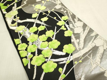 平和屋着物◎六通柄袋帯　唐織　枝梅文　黒地　銀糸　正絹　逸品　DABF8485we