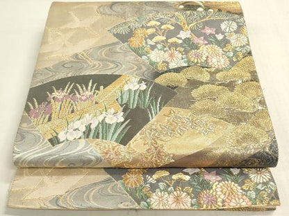 平和屋着物◎六通柄袋帯　飛鶴地紙花松文　金銀糸　引箔　正絹　逸品　DABF8491we