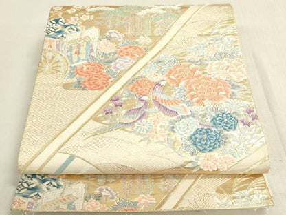 平和屋着物◎六通柄袋帯　扇面御所車花鳥文　金銀糸　正絹　逸品　DABF8498we