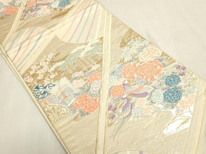 平和屋着物◎六通柄袋帯　扇面御所車花鳥文　金銀糸　正絹　逸品　DABF8498we