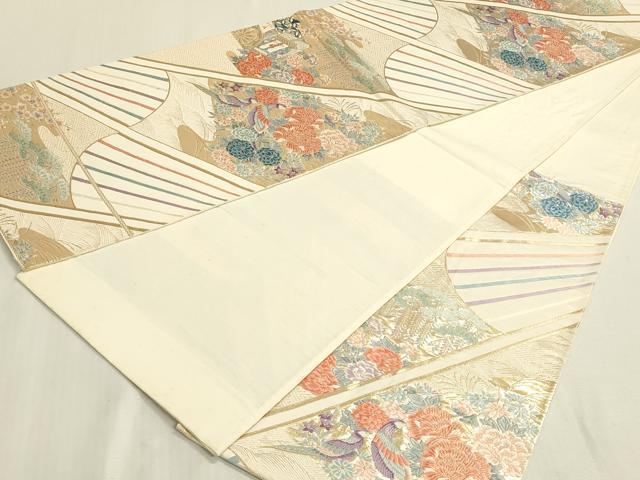 平和屋着物◎六通柄袋帯　扇面御所車花鳥文　金銀糸　正絹　逸品　DABF8498we