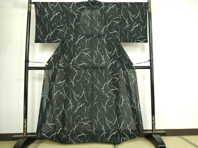 平和屋着物＊夏物　小紋　芝文　黒地　絽縮緬　洗える着物　DABF8633sf