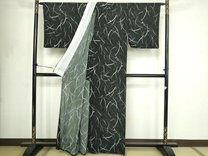 平和屋着物＊夏物　小紋　芝文　黒地　絽縮緬　洗える着物　DABF8633sf