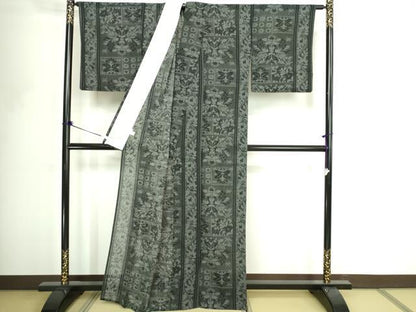 平和屋着物＊夏物　小紋　草花文　黒地　紗　洗える着物　DABF8636sf