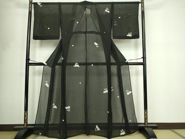 平和屋着物＊夏物　小紋　兎　黒地　紗　正絹　逸品　DABF8652sf