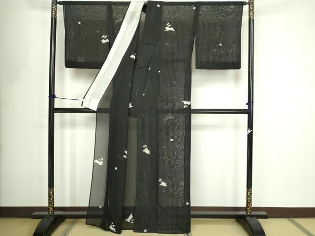 平和屋着物＊夏物　小紋　兎　黒地　紗　正絹　逸品　DABF8652sf