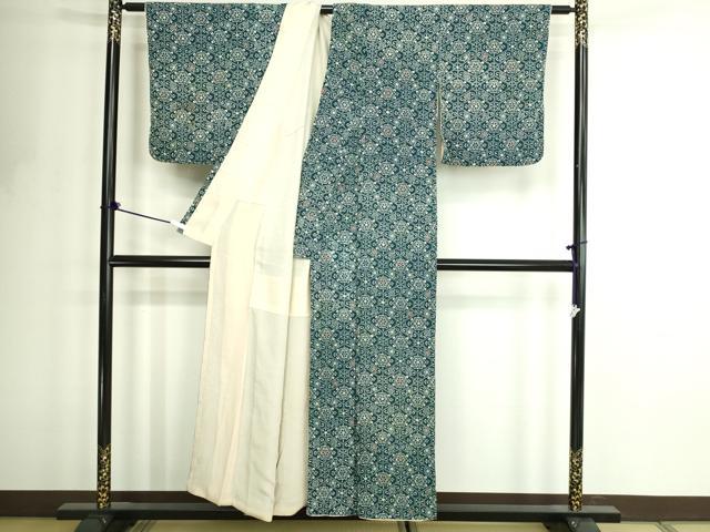 平和屋着物■上質な小紋　型染め　藍　花菱文　正絹　逸品　DABF8708sf