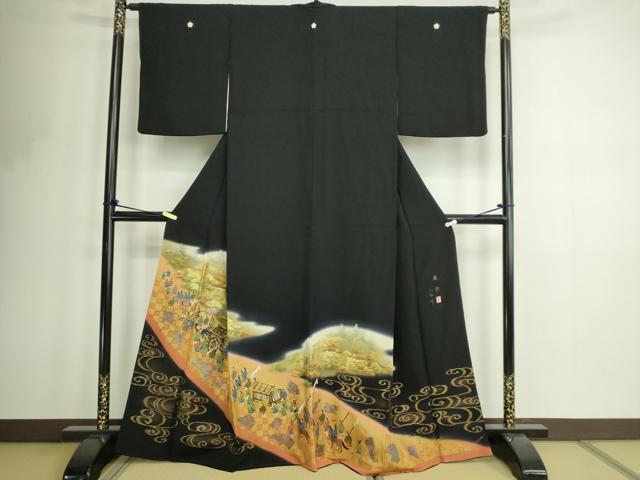 平和屋着物■豪華黒留袖　作家物　人物風景文　暈し染め　金彩　正絹　逸品　DABF8712sf