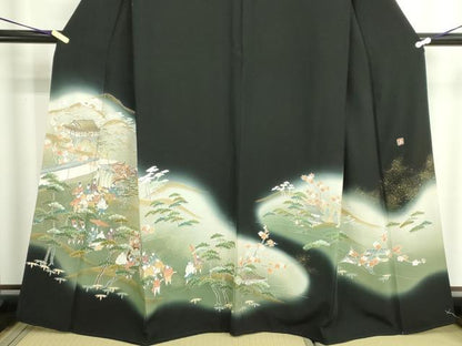 平和屋着物■豪華黒留袖　作家物　人物風景文　暈し染め　金彩　正絹　逸品　DABF8717sf